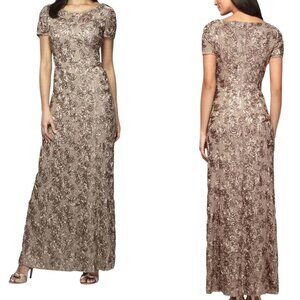 Alex Evenings 112788 Rosette Lace Sequin Gown Champagne A-Line Evening Formal